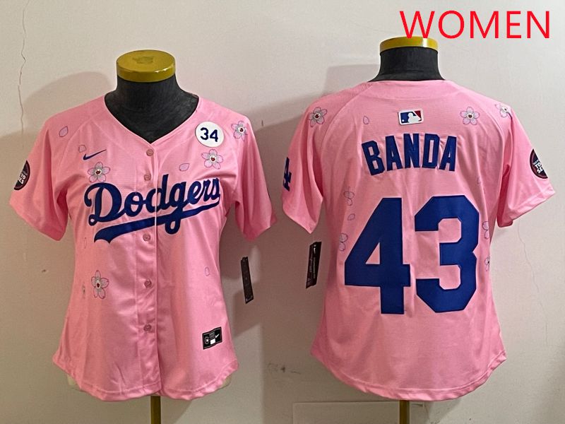 Women Los Angeles Dodgers 43 Banda Pink White Blue Sakura Edition 2025 Nike MLB Jersey style 8